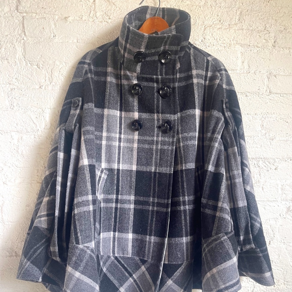 Zara Double Breasted Plaid Poncho with Funnel Neck
